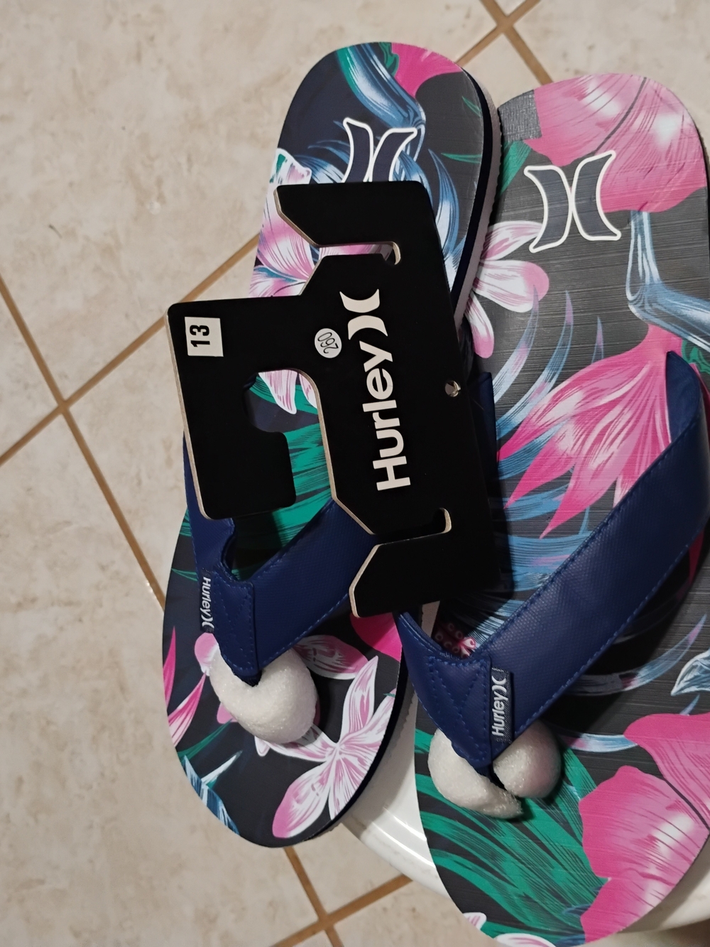 Hurley Men’s Navy and Pink Floral Flip Flops